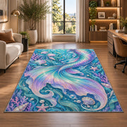 Shimmering Mermaid Tail Rug in a living room with a desk and large windows