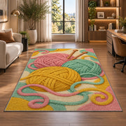 Yarn Balls and Knitting Needles Rug in a living room with a desk and large windows