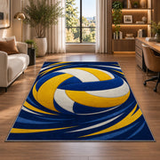 Swirling Volleyball Rug in a living room with a desk and large windows
