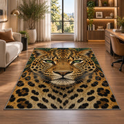 Leopard Face Close-Up Rug in a living room with a desk and large windows