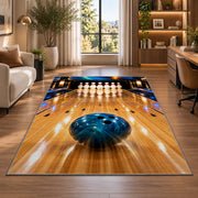 Bowling Lane Perspective Rug in a living room with a desk and large windows