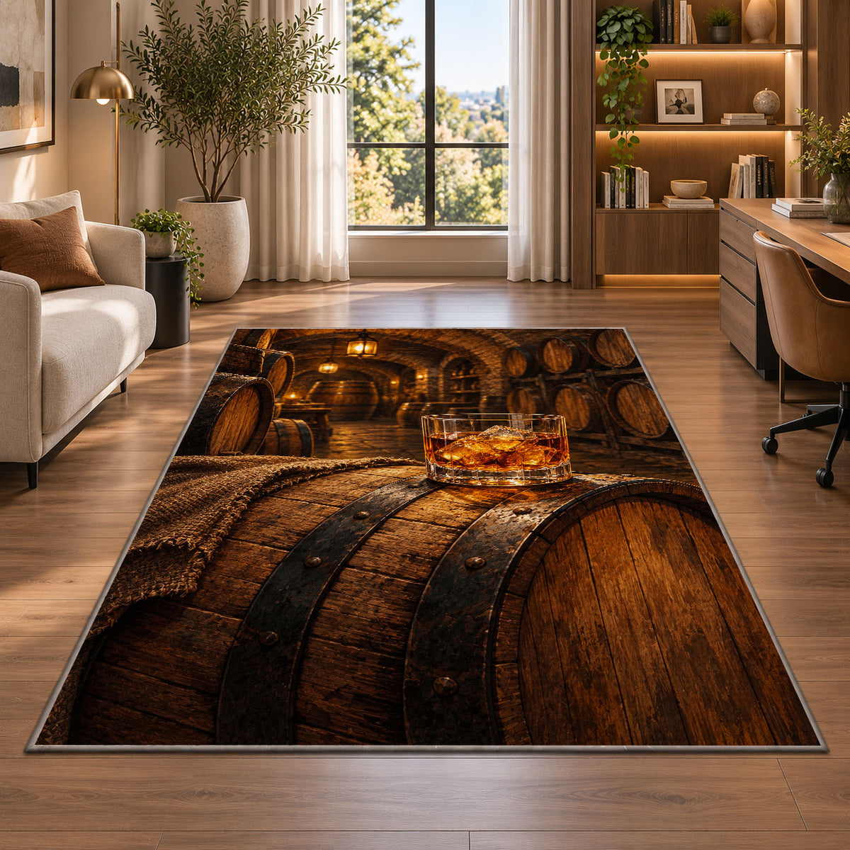 Oak Barrel and Whiskey Rug in a living room with a desk and large windows