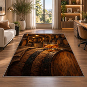 Oak Barrel and Whiskey Rug in a living room with a desk and large windows