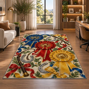 Horse Show Rosette Ribbons Rug in a living room with a desk and large windows