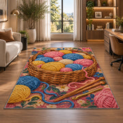 Basket of Yarn Rug in a living room with a desk and large windows