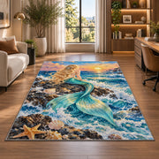 Mermaid on the Rock Rug in a living room with a desk and large windows