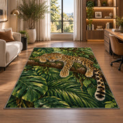 Leopard Resting on Tree Branch Rug in a living room with a desk and large windows