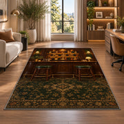 Classic Bar Room Rug in a living room with a desk and large windows