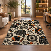 Biker Gear Pattern Rug in a living room with a desk and large windows