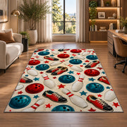 Bowling Pattern Rug in a living room with a desk and large windows