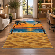 Beach Volleyball Sunset Rug in a living room with a desk and large windows