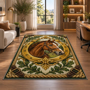 Horse Head in Horseshoe Rug in a living room with a desk and large windows