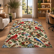 Backyard Birds Pattern Rug in a living room with a desk and large windows