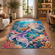 Underwater Castle Mermaid Rug in a living room with a desk and large windows