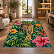 Leopard in Tropical Leaves Rug in a living room with a desk and large windows