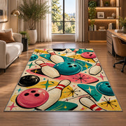 Retro 50s Bowling Rug in a living room with a desk and large windows