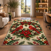 Two Cardinals and Wreath Rug in a living room with a desk and large windows