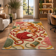 Kitten Playing with Yarn Rug in a living room with a desk and large windows