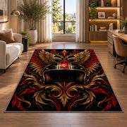 Winged Motorcycle Helmet Rug in a living room with a desk and large windows