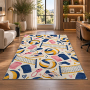 Volleyball Gear Pattern Rug in a living room with a desk and large windows