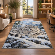 Snow Leopard Mother and Cub Rug in a living room with a desk and large windows