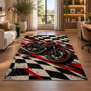 Racing Motorcycle Checkered Rug in a living room with a desk and large windows