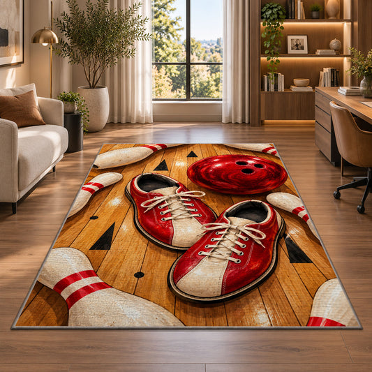 Bowling Shoes Rug in a living room with a desk and large windows