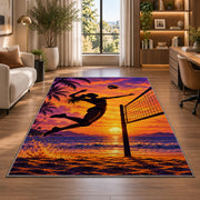 Volleyball Spike Silhouette Rug in a living room with a desk and large windows