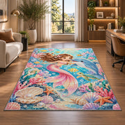 Baby Mermaid and Dolphin Nursery Rug in a living room with a desk and large windows