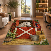 Red Barn Door Horse Rug in a living room with a desk and large windows