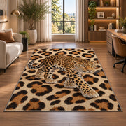 Leopard on Leopard Print Rug in a living room with a desk and large windows