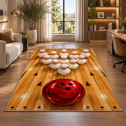 Bowling Pins Triangle Rug in a living room with a desk and large windows