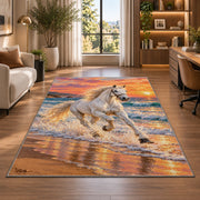 White Horse on Beach Rug in a living room with a desk and large windows