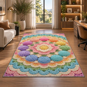 Circle of Yarn Balls Rug in a living room with a desk and large windows