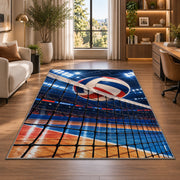 Volleyball Hitting Net Rug in a living room with a desk and large windows