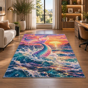 Mermaid Tail at Sunset Rug in a living room with a desk and large windows