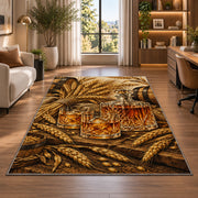 Barley and Whiskey Rug in a living room with a desk and large windows