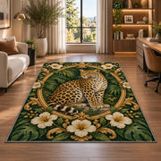 Vintage Leopard Oval Frame Rug in a living room with a desk and large windows