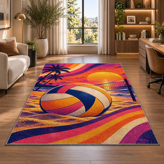 Retro 80s Volleyball Rug in a living room with a desk and large windows