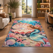Pearl Shell and Mermaid Rug in a living room with a desk and large windows