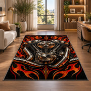 V-Twin Engine Flames Rug in a living room with a desk and large windows