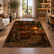 Man Cave Fireplace Rug in a living room with a desk and large windows