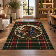 Tartan Horse Medallion Rug in a living room with a desk and large windows