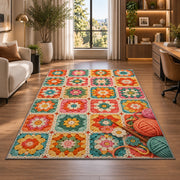 Granny Square Rug in a living room with a desk and large windows