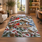 Winter Bird Feeder Rug in a living room with a desk and large windows