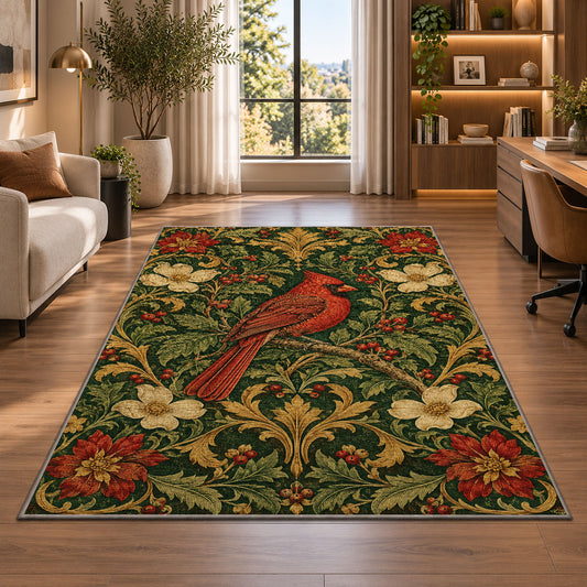 Vintage Tapestry Cardinal Rug in a living room with a desk and large windows