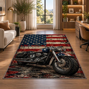 Motorcycle and American Flag Rug in a living room with a desk and large windows
