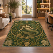 Vintage Engraved Mermaid Rug in a living room with a desk and large windows