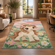 Cute Pony Nursery Rug in a living room with a desk and large windows