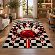 Checkered Bowling Rug in a living room with a desk and large windows